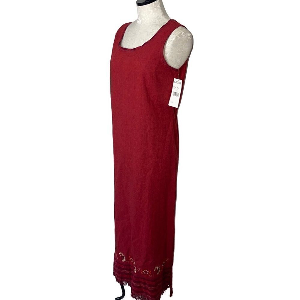 New Graff Vintage Maxi Dress Size Small Red Linen Blend Embroidered Fringe Hem